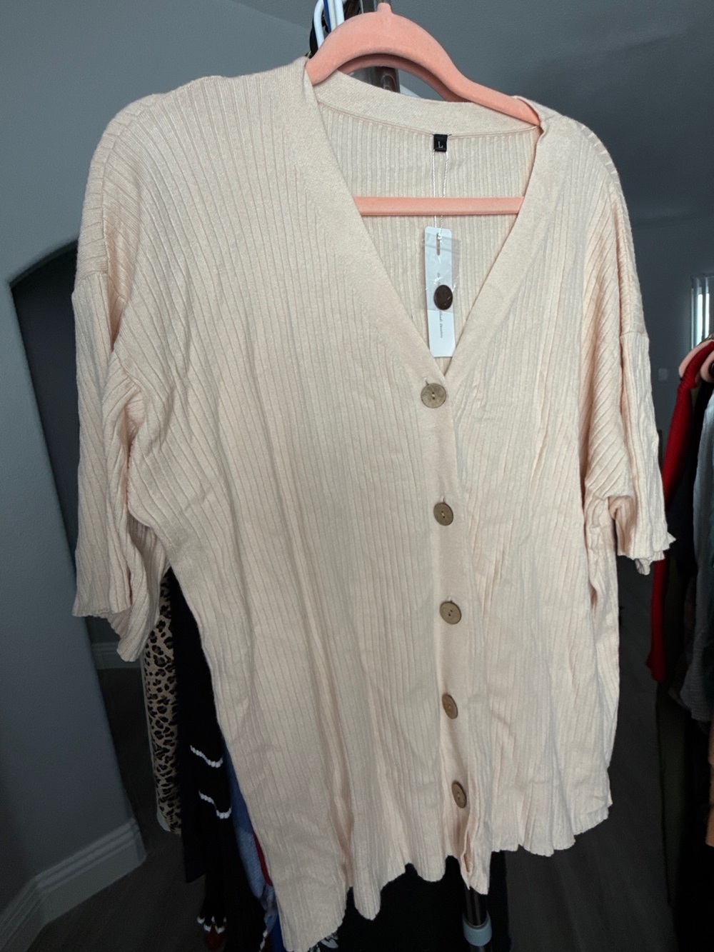 Light Beige Button-Front Ribbed Women's Top